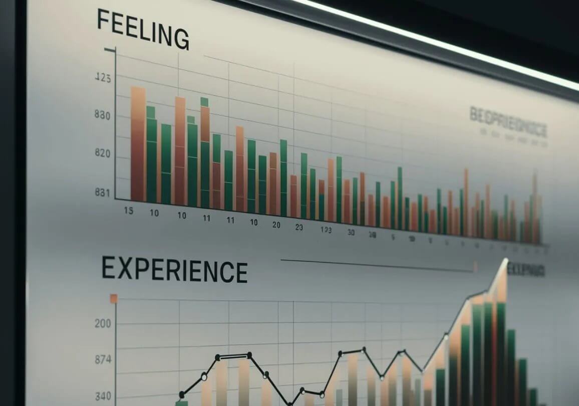 Painel com gráficos de barras e linha, títulos Feeling e Experience